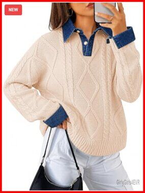 Womens Cable Knit Sweater Denim Polo Pullover Button Down Collar Chunky